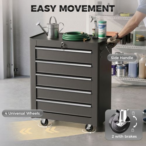 HOMCOM 5-Drawer Tool Chest Steel Lockable Tool Storage Cabinet with Wheels — image 4