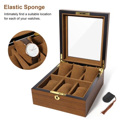 6/10/12 Grids Wooden Watch Box Glass Lid Jewelry Display Organizer Storage Case — image 4