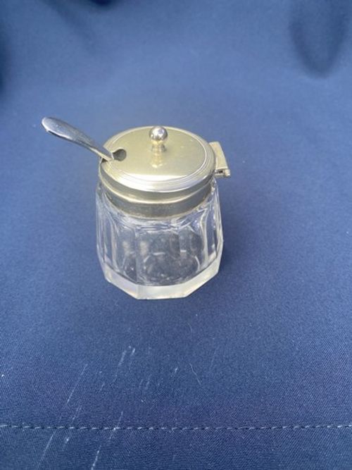 Vintage Silver Plate & Glass Mustard Jar With Spoon