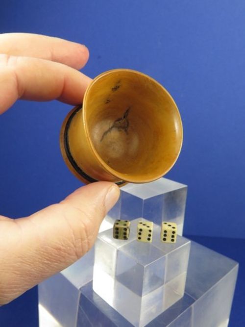 Vintage Treen Boxwood Dice Cup Shaker & Three Dice