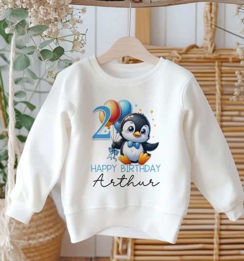 Personalised Birthday Jumper Penguin Sweatshirt Kids Boys Girls Name Any Age Top