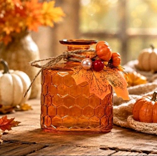 Orange Pumpkin Glass Vase Autumn Amber Flower Vase Fall Harvest Home Decor