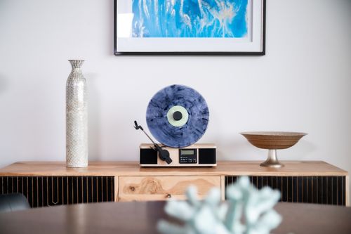 Fuse Wrap Vertical Vinyl Record Player Radio, Bluetooth, Alarm Clock - Bamboo — image 2