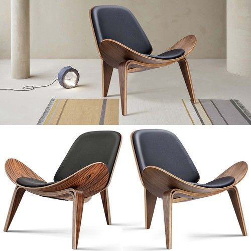 Mid Century Shell Chair Lounge Accent Chair PU Leather Rosewood Walnut