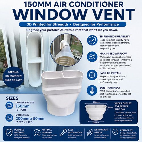 Portable Air Con Window Vent Adapter Connector AC 150mm - 6" - 3D Printed - UK