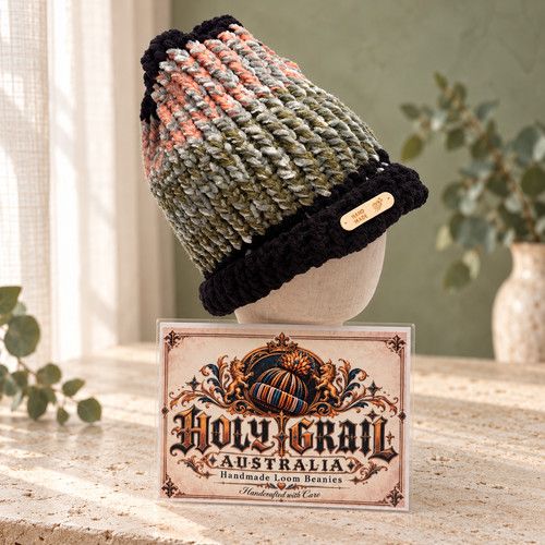 Handmade Acrylic Beanie Chunky Loom Knit Black Grey Olive Peach Holy Grail