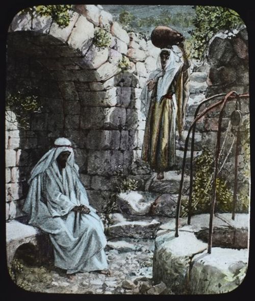 THE WOMAN OF SAMARIA C1900 ANTIQUE TINTED Magic Lantern Slide RELIGION
