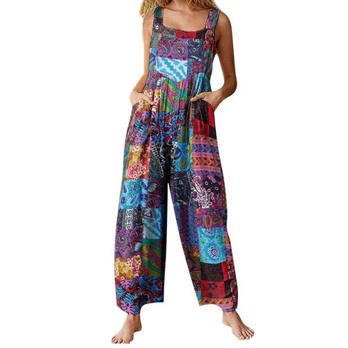 Womens Dungarees Trousers Ladies Long Baggy Jumpsuit Sleeveless Casual Overalls