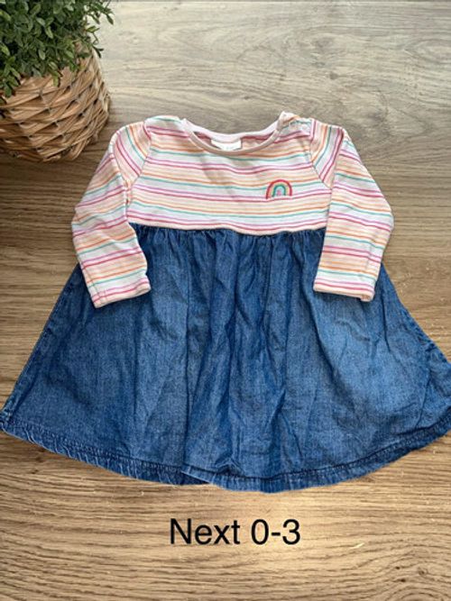 NEXT Girls Striped Rainbow Denim Cotton A-Line Long Sleeve Button Dress 0-3M