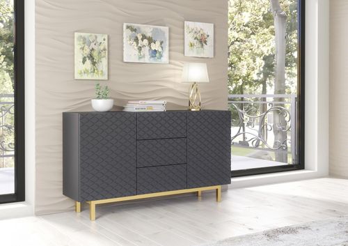 Sideboard Cabinet Diamond Pattern 3 Drawers 2 Doors Grey Gold Legs Storage 140cm — image 9