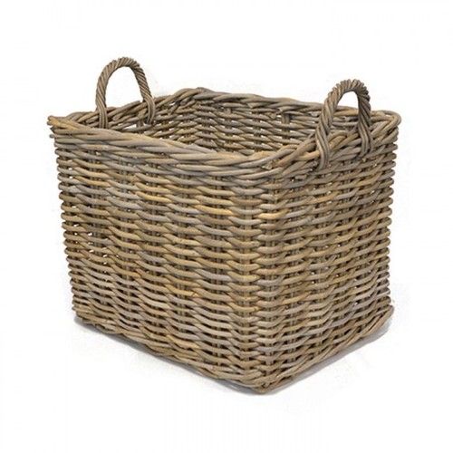 Rectangular Wicker Weave  fire Log toy Storage Basket with Handle - Large, Grey