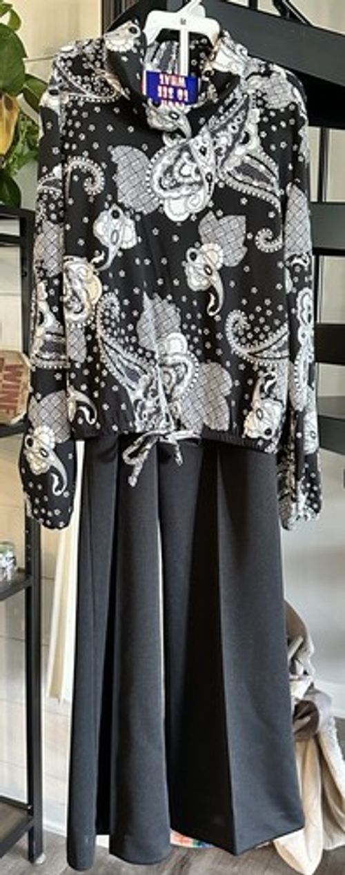 Vtg Black Suit Set Sz 16 Disco 70s High Rise Wide Leg Pants Dead Stock Paisley