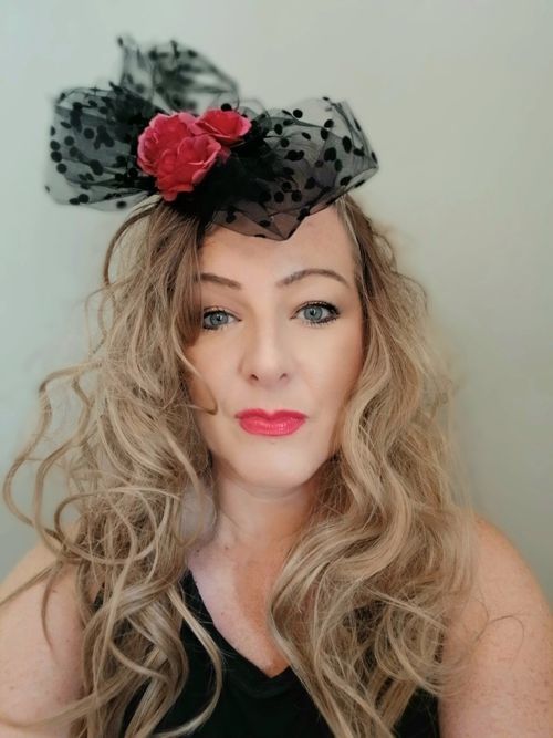 Black Mesh Polka Dot Fascinator Headpiece with Red Flower, One Size — image 2
