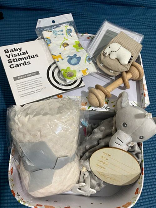 Baby Gift Basket Set, Multicolour Hamper, Visual Stimulus Cards, Blanket, Rattle