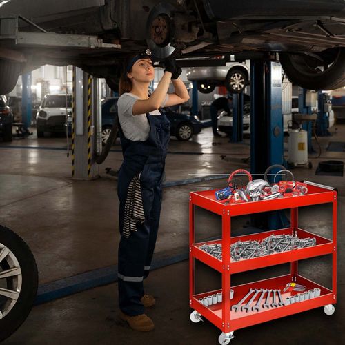 Tool Storage Heavy Duty Garage Trolley Workshop 3 Tier Wheel Cart DIY Red UK — image 8