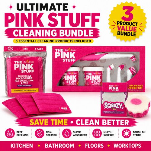 Pink Stuff Cleaning Bundle Scrubber Kit Squeezy Dual Sponge & 3 Pads Set
