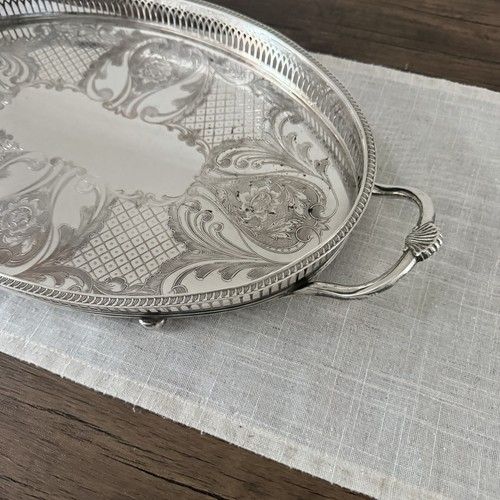 Antique Vintage EPC Silver Plated Serving Tray Ornate Engraved Floral Handles
