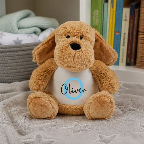 Personalised Brown Dog Plush Soft Toy with Name and Initial - New Baby Keepsake