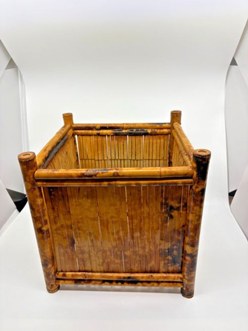 Vintage Bamboo Tiki Planter Basket Boho Coastal Decor 11” Square Rattan