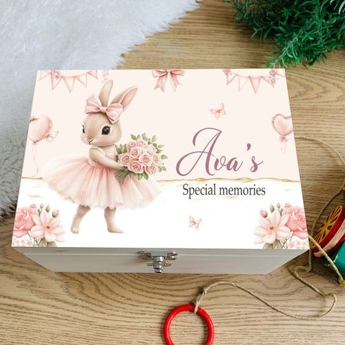 Ballerina Bunny memory box, personalised keepsake, Christening gift, new baby