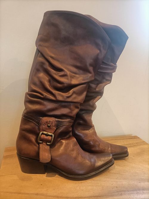 Tall Leather Brown Buckle Knee Block Heel Boots UK7/8 41 cowboy slouch worn once — image 2