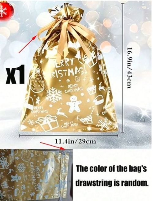 Christmas Gift Bags Set of 4 Gold Xmas Present Wrap Party Drawstring Gift Sacks
