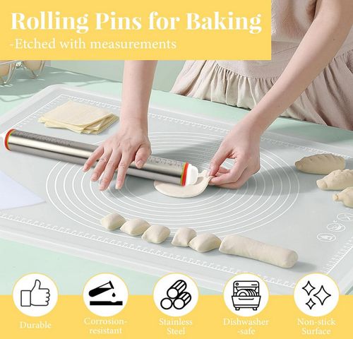 17" Stainless Steel Rolling Pin Adjustable Dough Roller w/ 4 Thickness Rings Bak — image 4