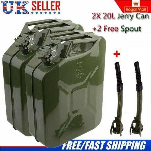 2X20L Metal Petrol Can Fuel Oil Storage Diesel Tank with Spout & Spout Adapter