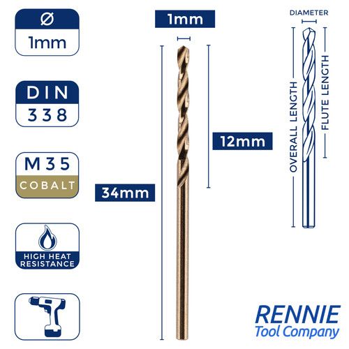 HSS Gold Cobalt Jobber Drill Bit - For Drilling Stainless Steel & Hard Steels