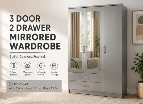 Grey 3 Door Mirror Wardrobe 2 Drawer High Gloss Modern Bedroom Furniture Storage