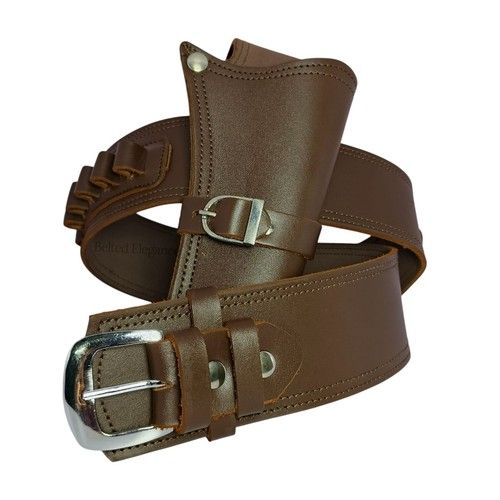 Cowboy Western Revolver Single Gun Holster Belt Black & Brown Genuine Leather