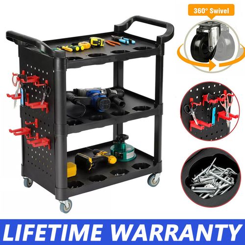 Tool Storage Heavy Duty Garage Trolley Workshop 3 Tier Wheel Cart DIY Black UK — image 1