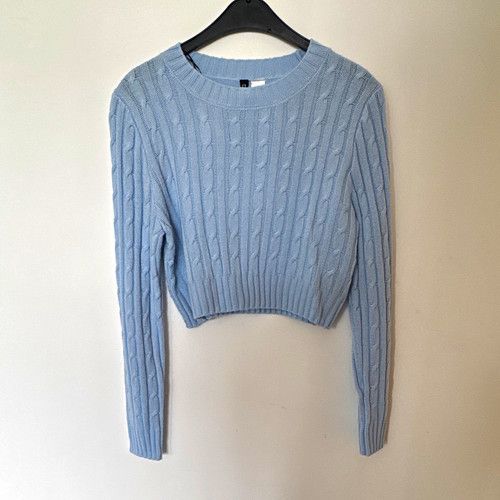 H&M Women’s Blue Cable Knit Crew Neck Cropped Pullover Jumper Size M