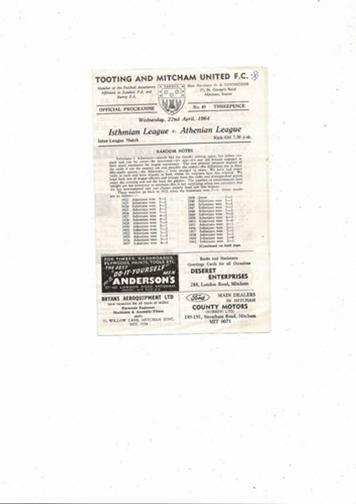 Isthmian League v Athenian League Friendly Football Programme 1963/64 @ Tooting