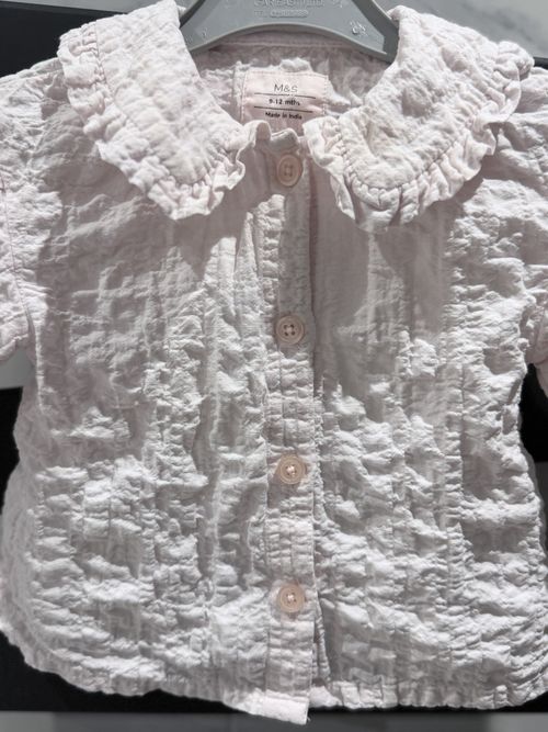 M&S Baby Girls White Collared Short Sleeve Button Ruffle Blouse 9-12 Months — image 2