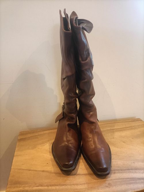 Tall Leather Brown Buckle Knee Block Heel Boots UK7/8 41 cowboy slouch worn once — image 4