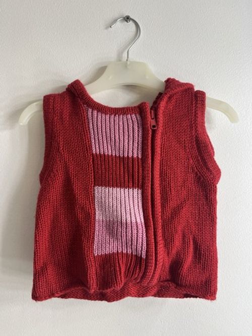 Baby Y2K Red Pink Striped Knit Hooded Gilet Wool Mix Zip 12-18 Months