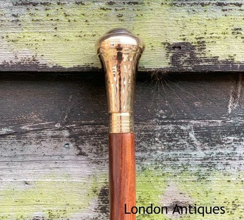 CLASSIC STYLE WOODEN WALKING STICK CANE BRANCH HANDLE SHINY BRASS FINISH