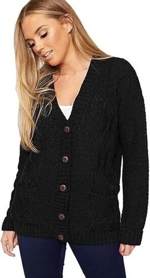 Women Ladies Cable Chunky Knit Cardigan Button Long Sleeves Grandad Cardigan