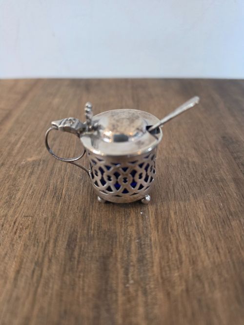 Victorian Sterling Silver Miniature Mustard Pot Blue Glass Liner Birmingham — image 1