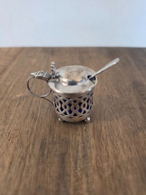 Victorian Sterling Silver Miniature Mustard Pot Blue Glass Liner Birmingham