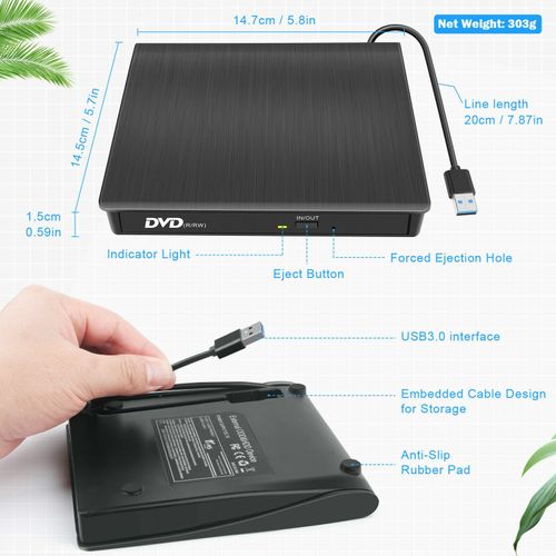 USB External CD Burner DVD/CD Reader Player for Windows Mac Laptop Computer — image 3