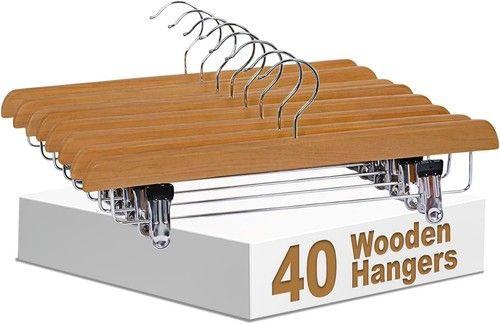 Wooden Hangers With Clips, Clamp Trousers Skirt Hangers For Clothes Space Saver