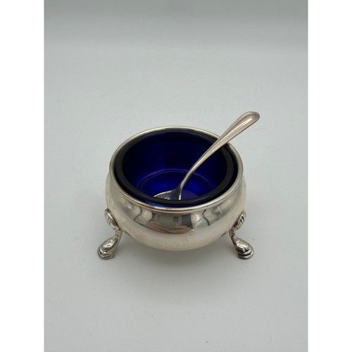 Antique Sterling Silver Salt Cellar with Cobalt Blue Glass Liner and Spoon 38g