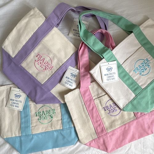 Trader Joe’s Mini Pastel Canvas Tote Bag Set, Multicolour, Foldable, 4 Pack, New