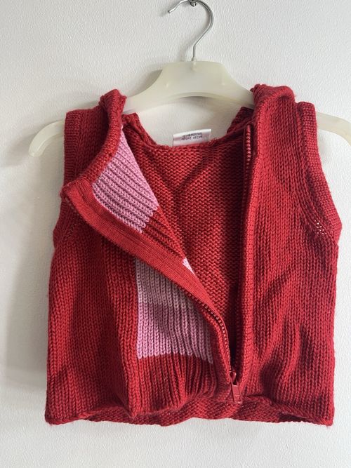 Baby Y2K Red Pink Striped Knit Hooded Gilet Wool Mix Zip 12-18 Months — image 4