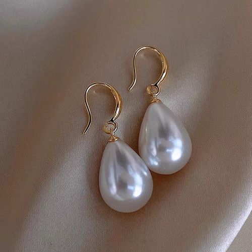925 Sterling Silver Pearl Drop Elegant Gold Dangle Hook Earrings Women Gift