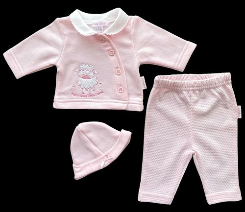 Premature Baby Girl 3 Piece Outfit Lamb Jacket Trousers Hat PINK — image 4