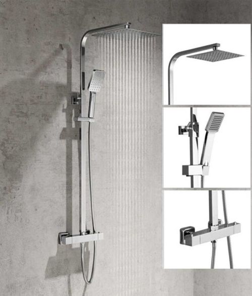 Bathroom Mixer Shower Thermostatic Dual Head Square Rainfall Head Handset Chrome