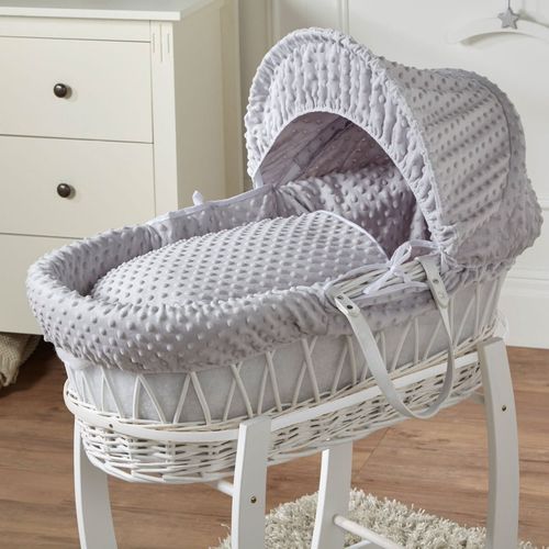 Baby Moses Basket With Stand Grey Dimple Bedding and Mattress Grey Wicker — image 1